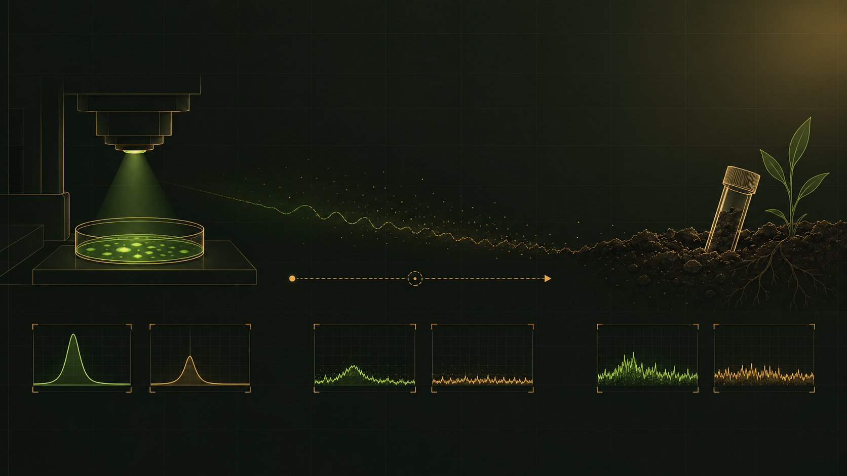 Illustration: field conditions that break laboratory readouts — background light, weak luminescence and the need for close sampling
