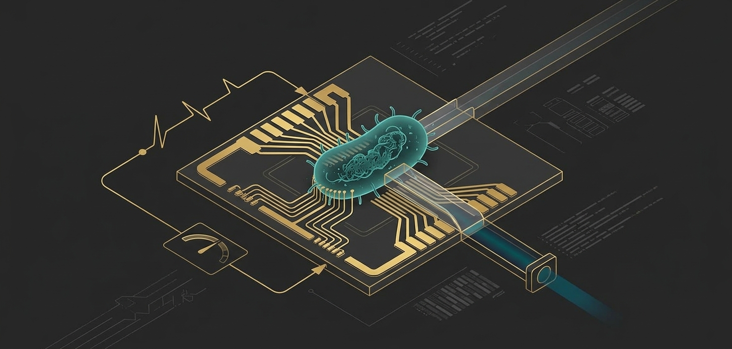 Illustration: an engineered bacterium on a microchip, its biological signal read by electronics and an optical fiber