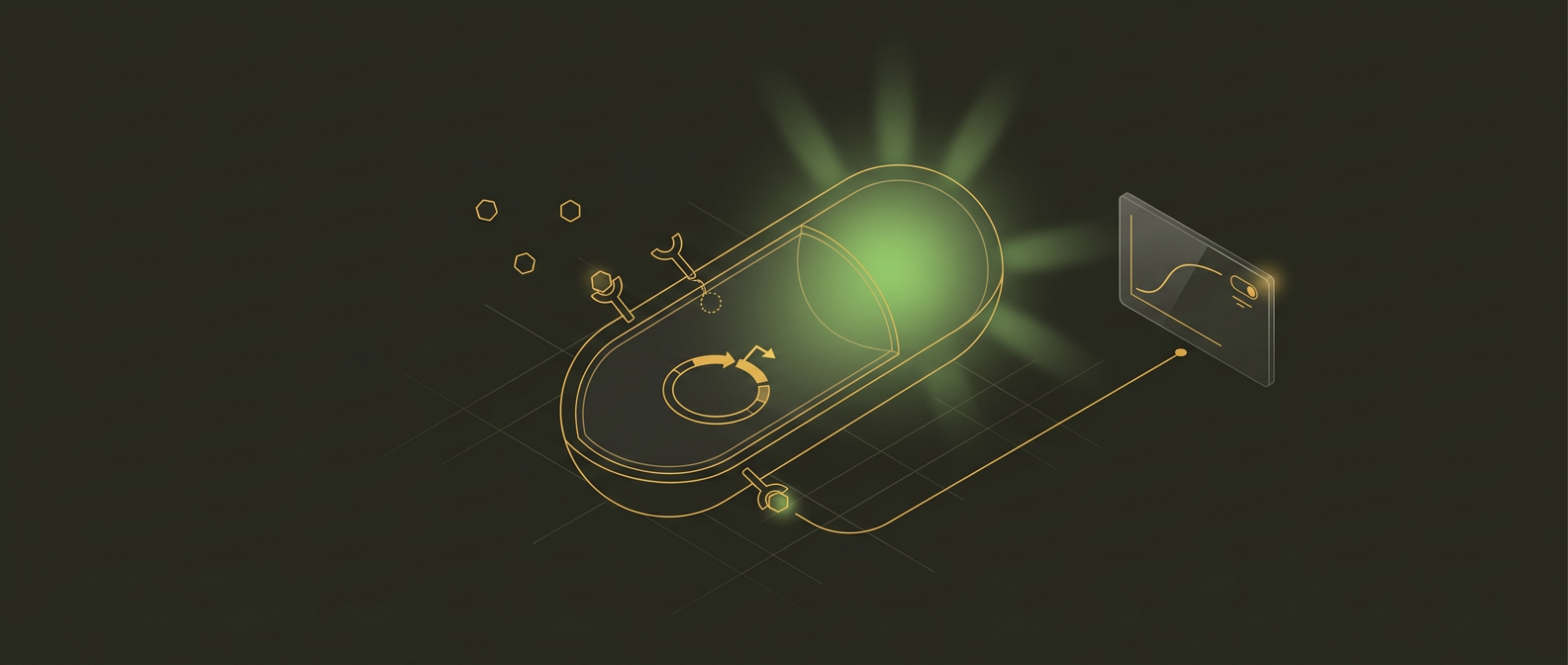 Illustration: a target molecule binds a receptor on an engineered bacterium, switching on a genetic circuit that makes the cell glow green and sends a signal to a data panel
