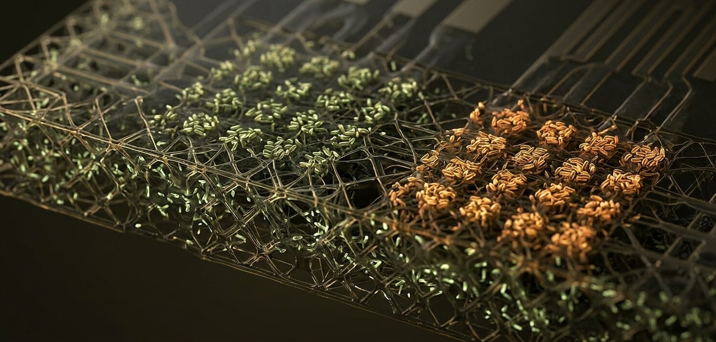 Illustration: a living material in which bacteria are embedded in a fiber mesh, with one region glowing green and another orange in response
