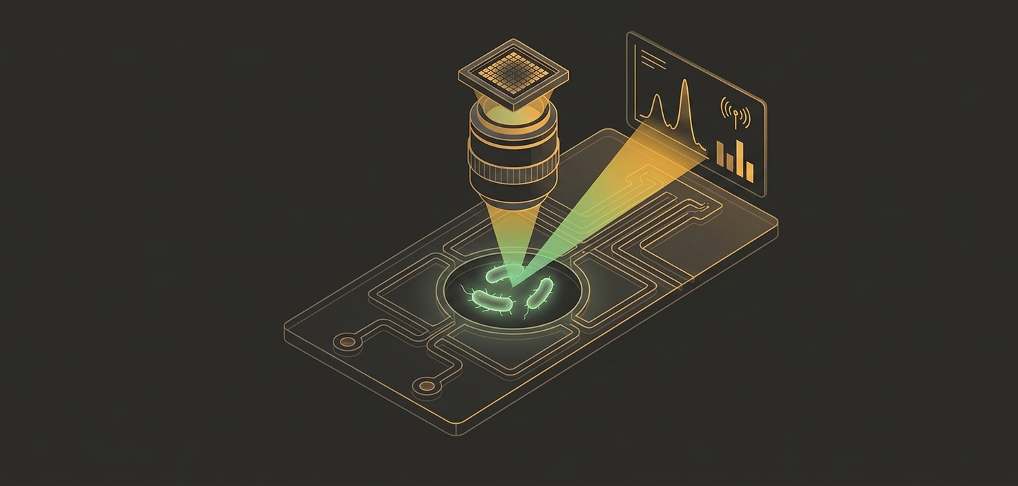 Illustration: an optical sensor images glowing bacteria on a chip and turns the light into a spectrum and data readout